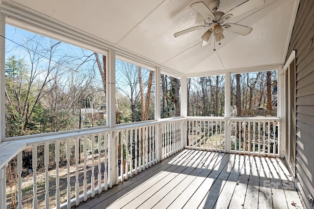 exterior space featuring vaulted ceiling and ceiling fan