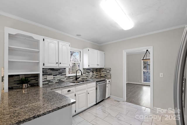 kitchen featuring white cabinetry, sink, stainless steel dishwasher, and dark stone counters