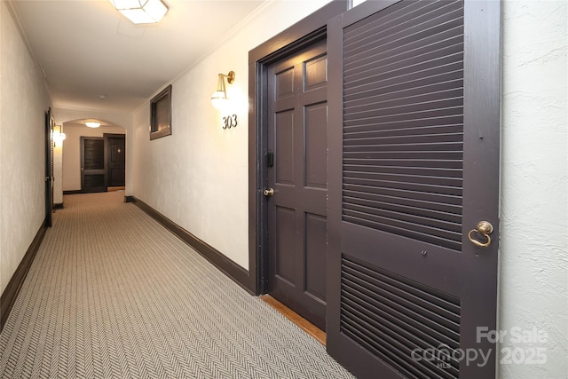 hall featuring light carpet and ornamental molding