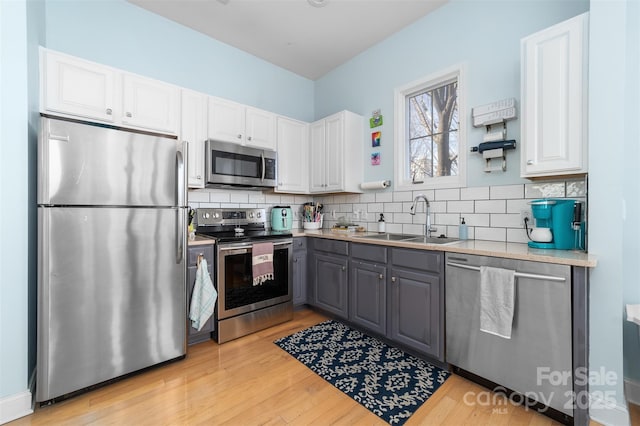 kitchen featuring sink, appliances with stainless steel finishes, gray cabinets, white cabinets, and backsplash