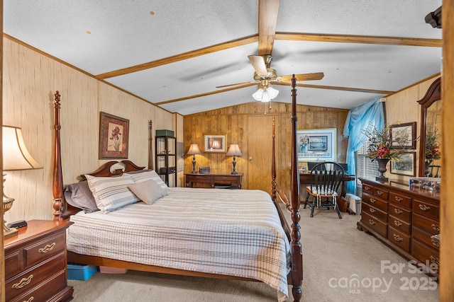 bedroom featuring a textured ceiling, lofted ceiling with beams, light carpet, and wood walls