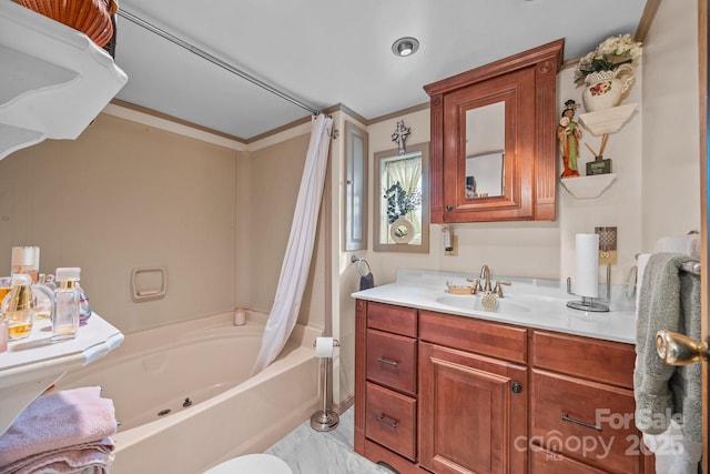 bathroom featuring vanity, ornamental molding, and shower / bath combination with curtain