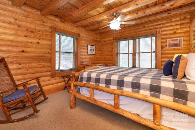 175 Owl Lookout Rd, Sylva, NC 28779 - bedroom featuring multiple windows, beam ceiling, wooden ceiling, and carpet flooring
