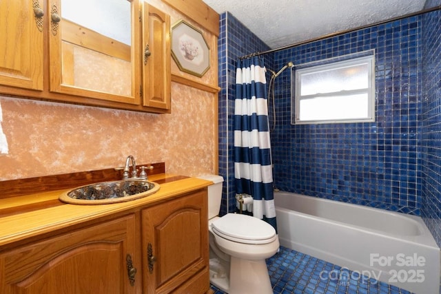 175 Owl Lookout Rd, Sylva, NC 28779 - full bathroom with shower / tub combo with curtain, toilet, a textured ceiling, vanity, and tile patterned flooring