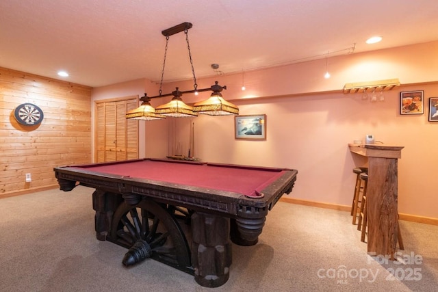 175 Owl Lookout Rd, Sylva, NC 28779 - rec room featuring pool table, light carpet, and wooden walls
