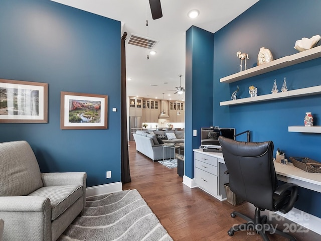 office space with dark hardwood / wood-style floors and ceiling fan