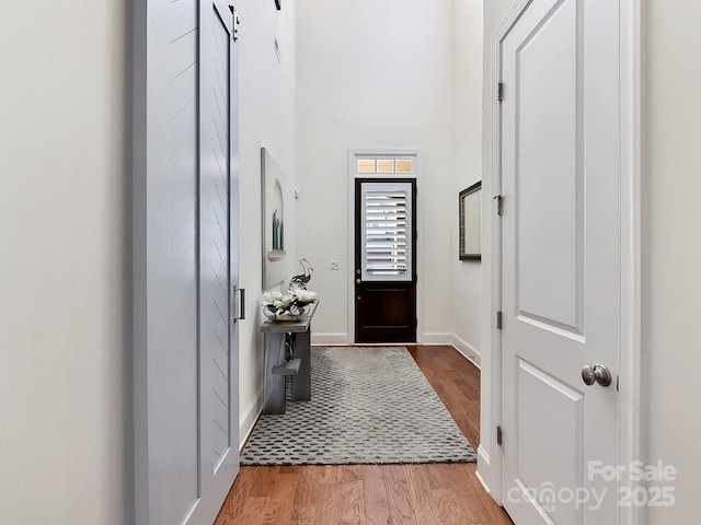 foyer with wood-type flooring and a barn door