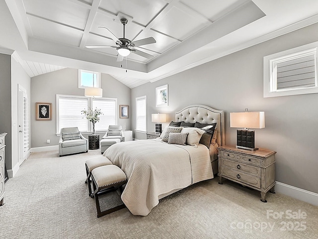 carpeted bedroom featuring ceiling fan, coffered ceiling, and vaulted ceiling