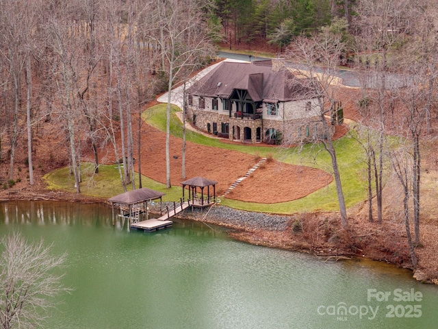 drone / aerial view featuring a water view