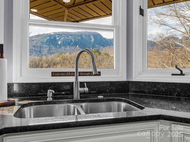 room details featuring white cabinetry, a mountain view, and sink