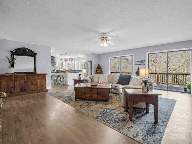 living room with a textured ceiling, wood-type flooring, and ceiling fan