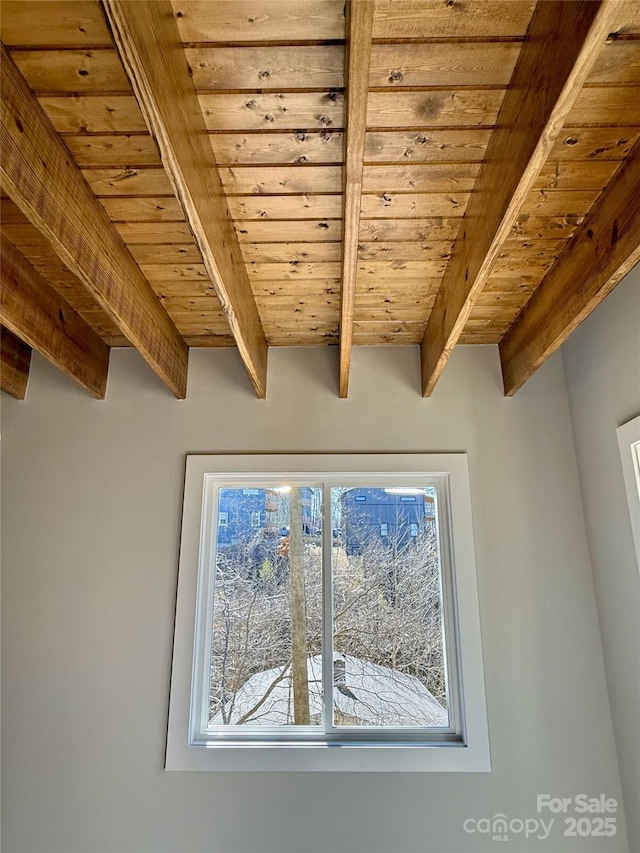 room details with beam ceiling and wood ceiling