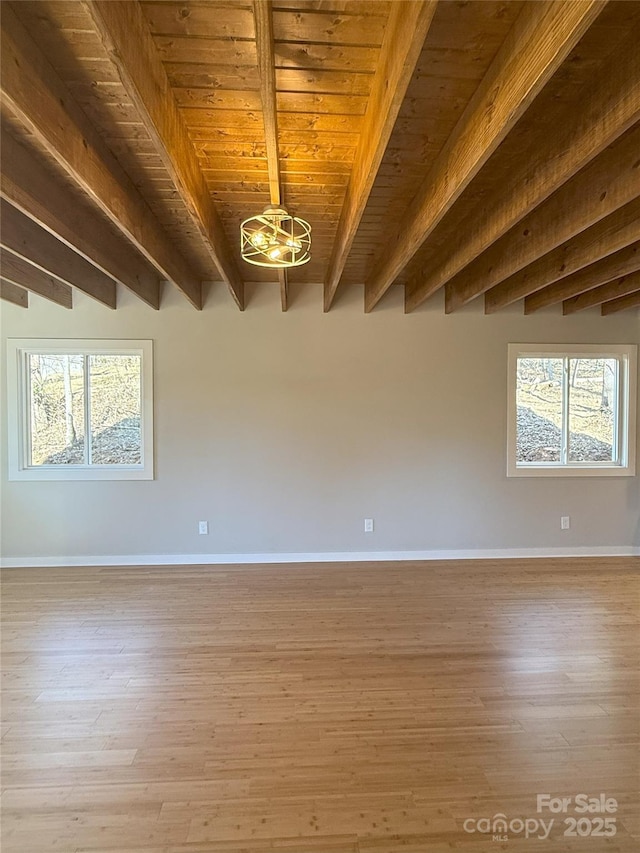 unfurnished room with beamed ceiling, wooden ceiling, and light hardwood / wood-style floors