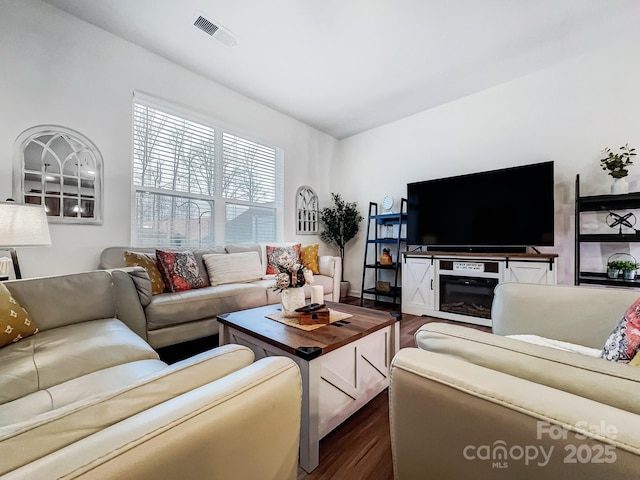 living room featuring dark wood-type flooring