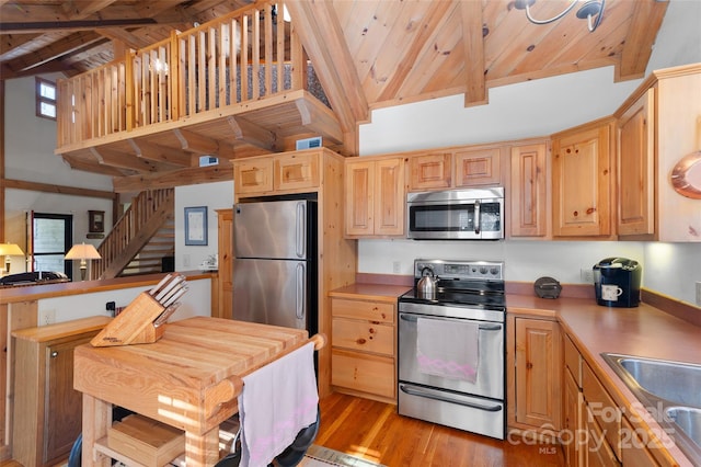 kitchen with sink, wood ceiling, light wood-type flooring, stainless steel appliances, and beam ceiling