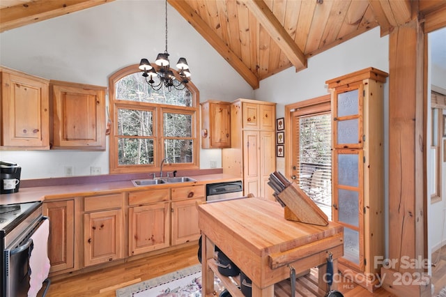 kitchen with wood ceiling, appliances with stainless steel finishes, an inviting chandelier, hanging light fixtures, and beamed ceiling