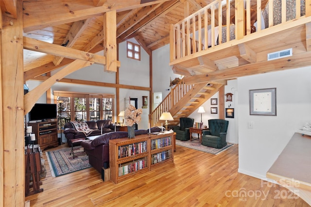 living room featuring high vaulted ceiling, beam ceiling, wood-type flooring, and wooden ceiling