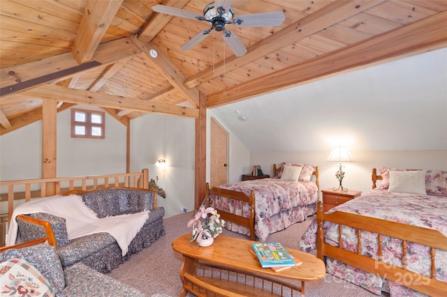 carpeted bedroom with wood ceiling and lofted ceiling with beams