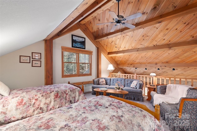 carpeted bedroom with lofted ceiling with beams and wooden ceiling