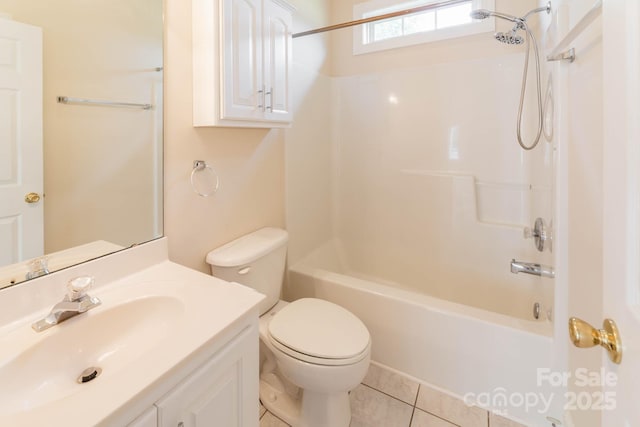 full bathroom with shower / bathtub combination, tile patterned floors, toilet, and vanity