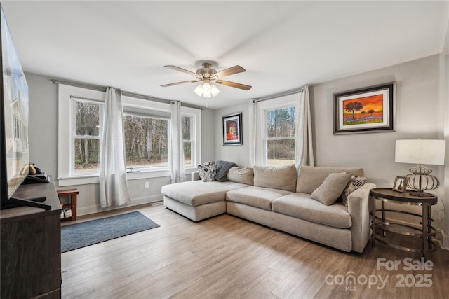 living room with light hardwood / wood-style floors and ceiling fan