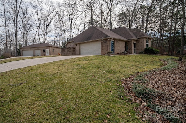 single story home featuring a shingled roof, a front yard, and brick siding