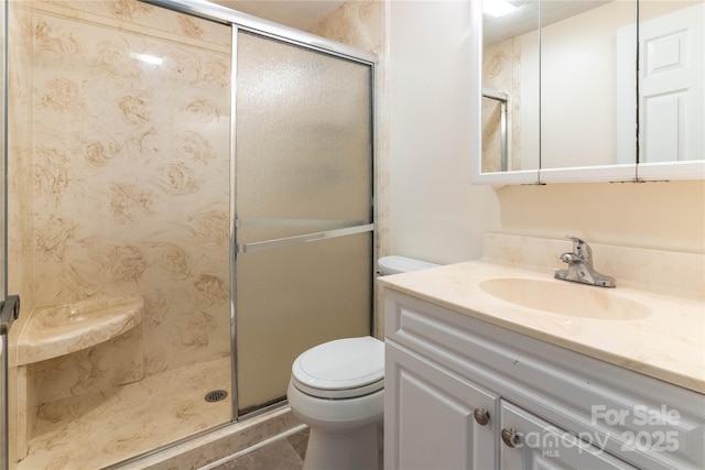 bathroom with vanity, a shower with shower door, and toilet