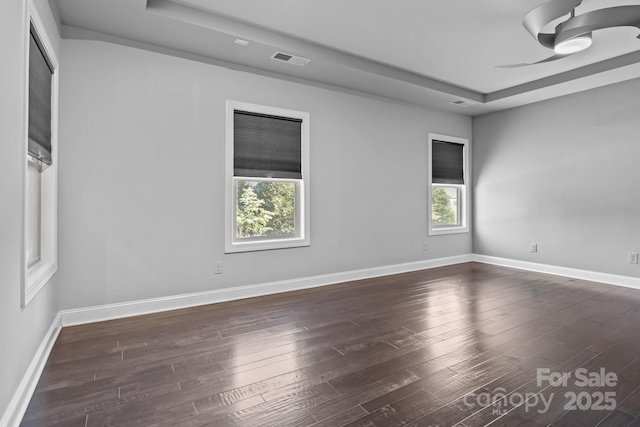 spare room with dark wood-type flooring and a raised ceiling