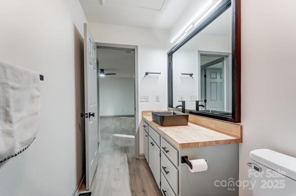 bathroom with vanity, hardwood / wood-style flooring, and toilet