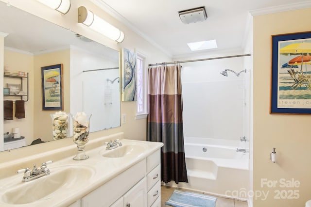 bathroom featuring crown molding, shower / tub combo with curtain, and vanity