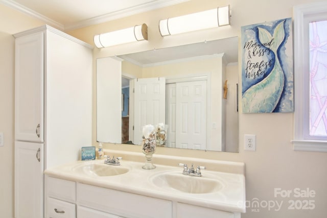 bathroom featuring ornamental molding and vanity