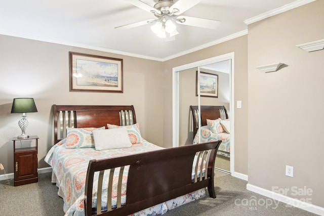 carpeted bedroom with crown molding, ceiling fan, and a closet