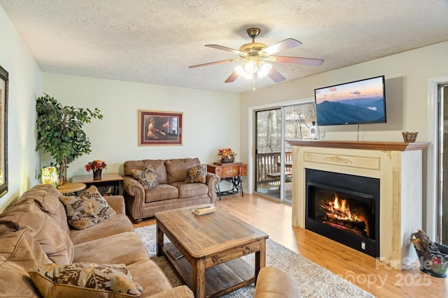 living room with ceiling fan, hardwood / wood-style floors, and a textured ceiling