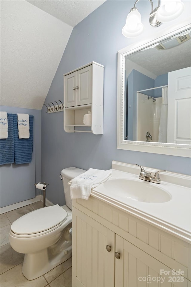 bathroom with vanity, a textured ceiling, a shower with curtain, vaulted ceiling, and toilet