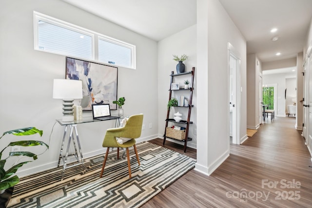 office with recessed lighting, baseboards, and wood finished floors
