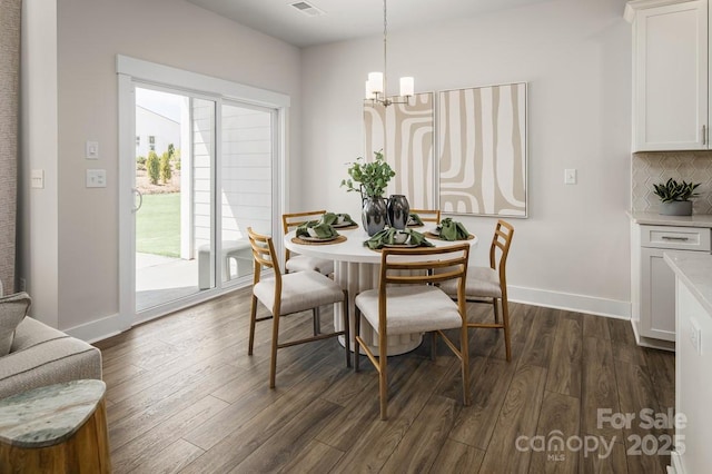 dining area with a notable chandelier and dark wood-type flooring