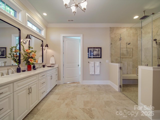 bathroom with crown molding, vanity, an inviting chandelier, and walk in shower