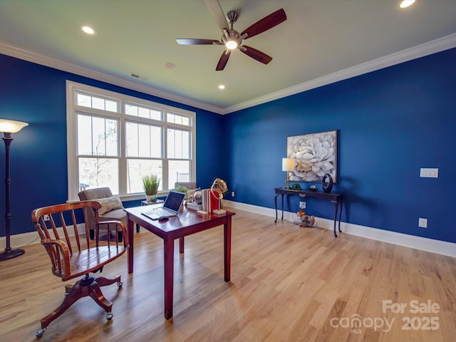 office with crown molding, light hardwood / wood-style floors, and ceiling fan