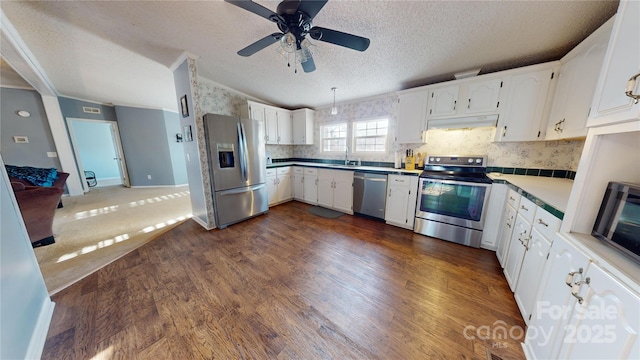 kitchen with sink, a textured ceiling, dark hardwood / wood-style flooring, stainless steel appliances, and white cabinets