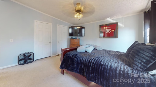 carpeted bedroom with crown molding, ceiling fan, a textured ceiling, and two closets