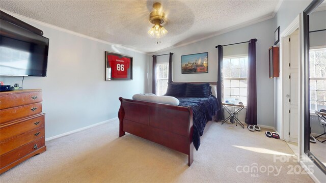 carpeted bedroom featuring crown molding, ceiling fan, and a textured ceiling