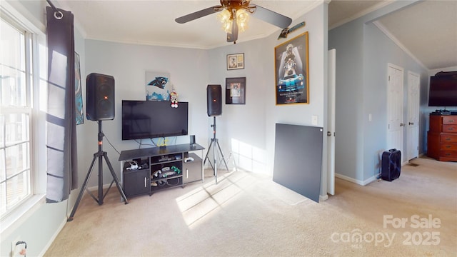 interior space featuring crown molding, ceiling fan, and carpet