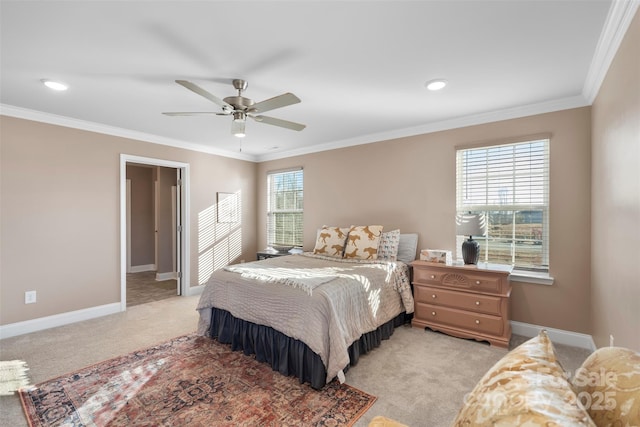 bedroom featuring ceiling fan, ornamental molding, and light carpet