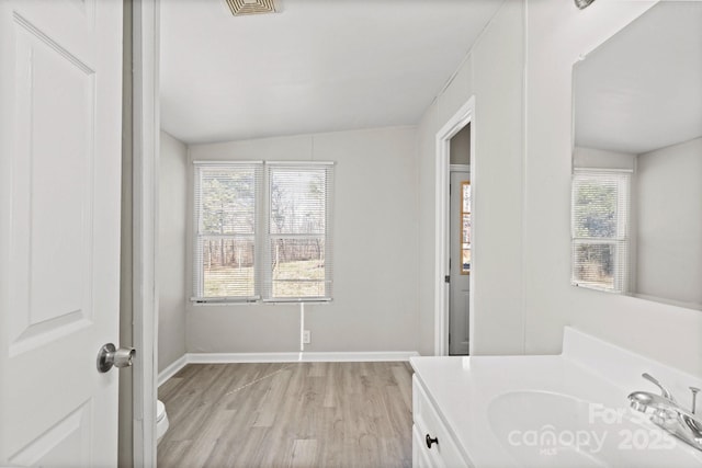 bathroom featuring vanity, hardwood / wood-style floors, and toilet