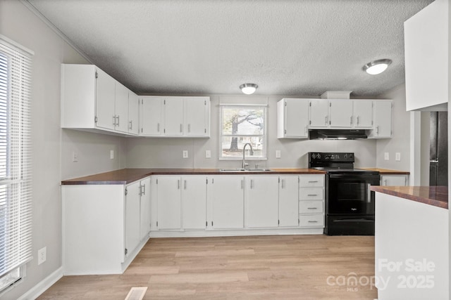 kitchen with black / electric stove, light wood-type flooring, sink, and white cabinets