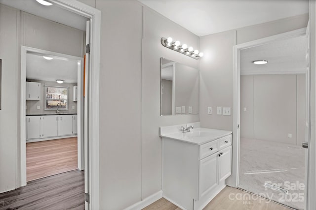 bathroom with vanity and wood-type flooring