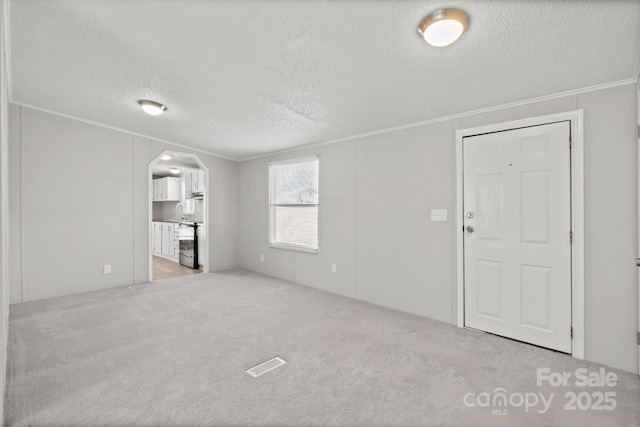 unfurnished living room with light carpet, ornamental molding, and a textured ceiling