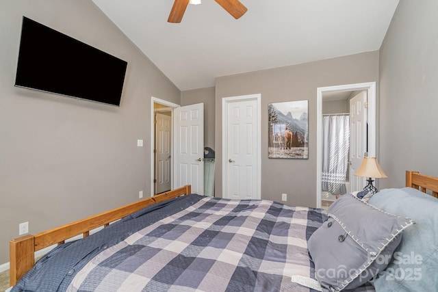 bedroom featuring vaulted ceiling and ceiling fan