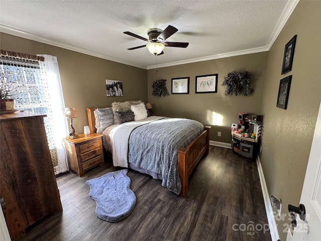 bedroom with crown molding, dark hardwood / wood-style floors, ceiling fan, and a textured ceiling