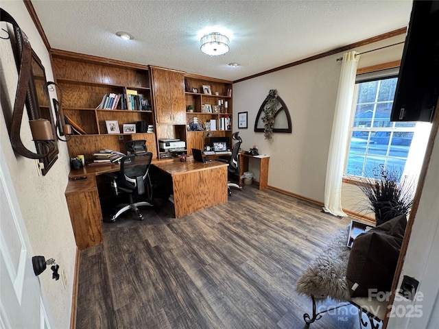 office space featuring crown molding, dark hardwood / wood-style floors, and a textured ceiling